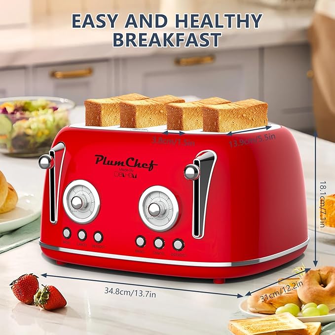 Plumchef 4 Slice Wide Slot Retro Style Toaster, Dual Control Toaster wtih Timer - Image 6