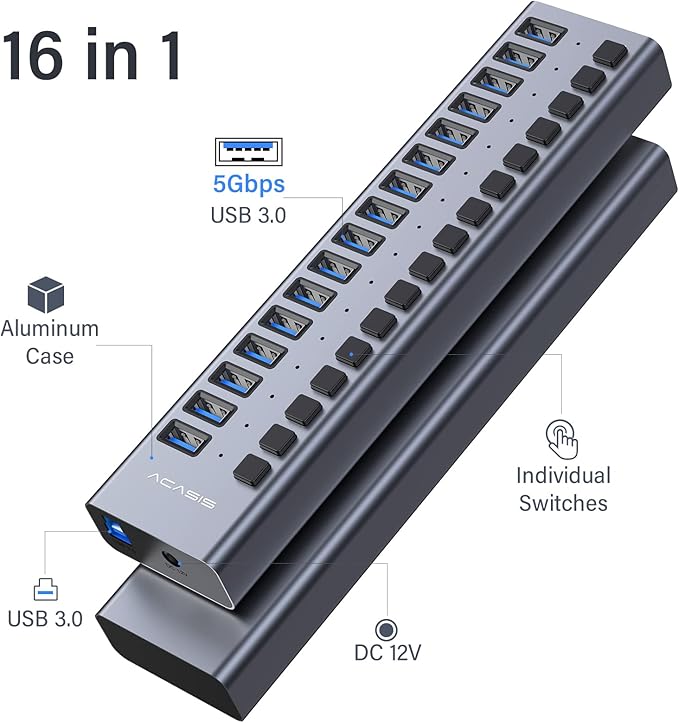 Powered USB 3.0 Hub, ACASIS 16 Ports USB 3.0 Hub - Image 2