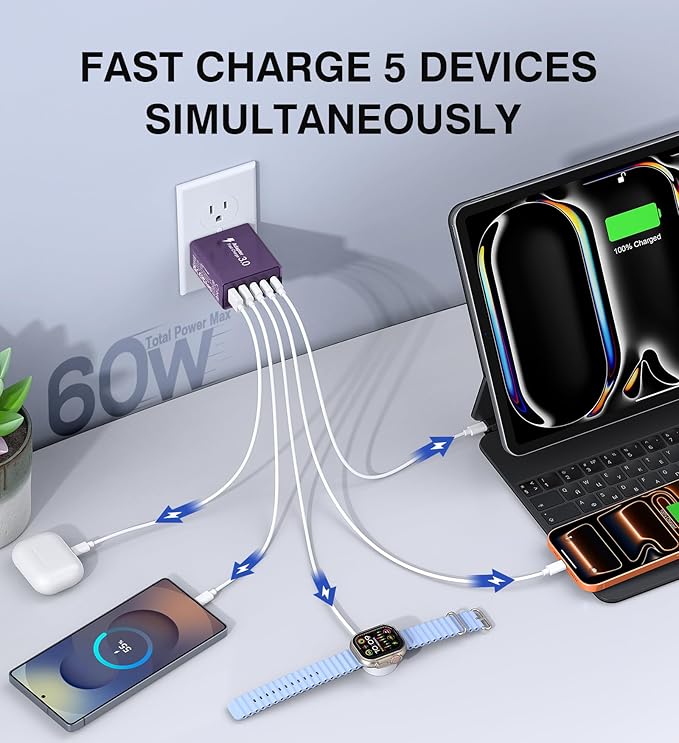 60W USB C Plug, 5-Port Fast Charger Block PD+QC Cube Wall Charging Box Brick - Image 3