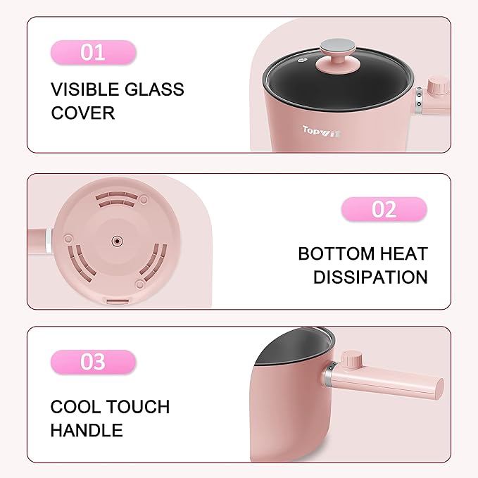 Topwit Hot Pot Electric, 1.5L Ramen Cooker, Portable Non-Stick Frying Pan - Image 7