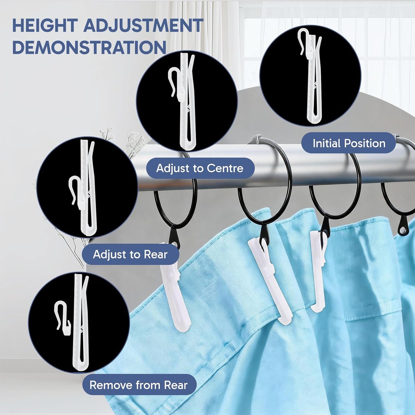 80 Pieces Pinch Pleat Curtain Hooks, 85mm Adjustable Curtain Hooks with Measuring Tape, Height Adjustment Hooks for Pleated Curtain Hook Slots