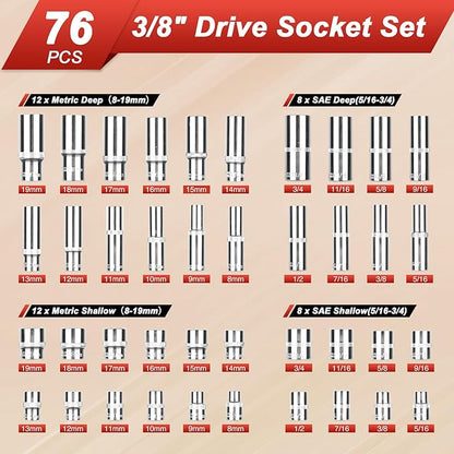 3/8” Drive Socket Set, 76 Pieces Ratchet Wrenches Set, Standard and Deep - Image 3