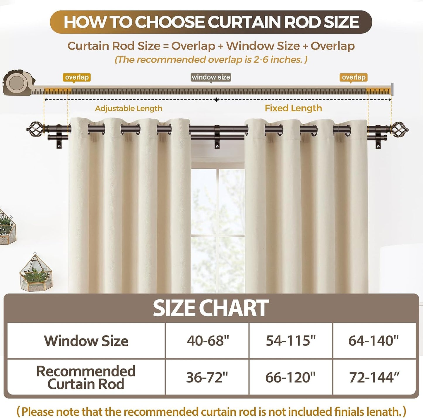 KAMANINA Double Curtain Rods for Windows 72 to 144 Inches Bronze | Heavy Duty 7/8 In, Adjustable, Long Dual Drapery Rod for Living Room, Bedroom, Easy Install, Decorative Twisted Cage Finials