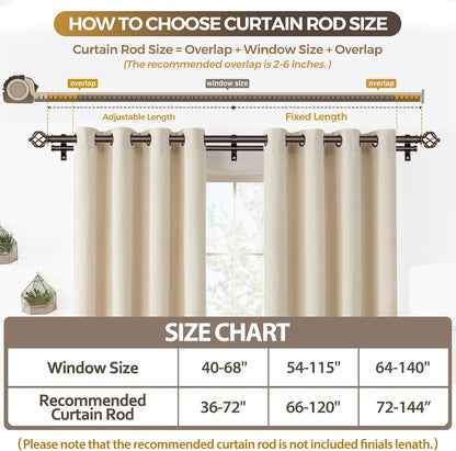 KAMANINA Double Curtain Rods for Windows 72 to 144 Inches Bronze | Heavy Duty 7/8 In, Adjustable, Long Dual Drapery Rod for Living Room, Bedroom, Easy Install, Decorative Twisted Cage Finials