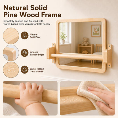 Ogears Montessori Mirror with Bar, Acrylic Baby Mirror with Pull Up Bar | Anti-rotation baby pull up bar, solid wood frame, wall-mounted, 19.7 x 15.8 in, for ages 6-18 months, standing and balance