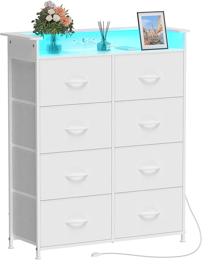White Dresser for Bedroom with Power Outlets and LED Lights Narrow 8 Fabric - Image 7