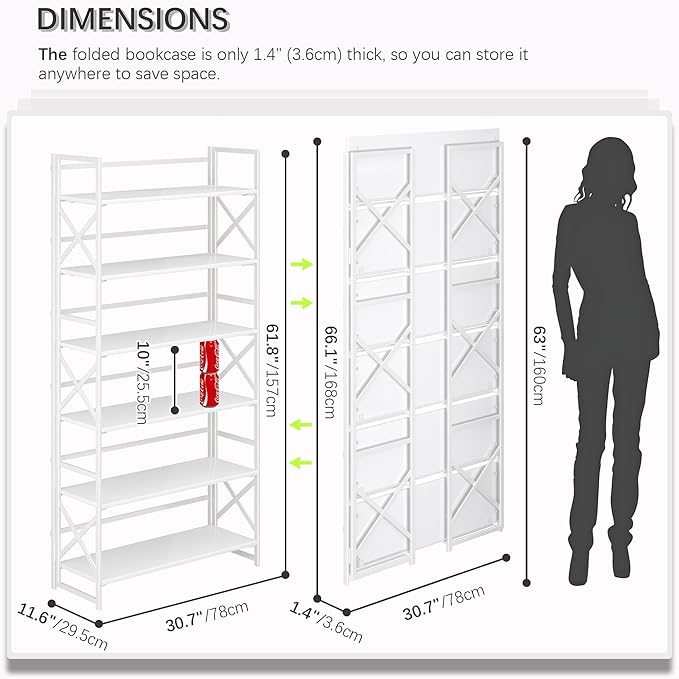 4NM Extra Wide 6 Tiers No Assembly Book Shelves, 61.8" H Folding Bookshelf - Image 2