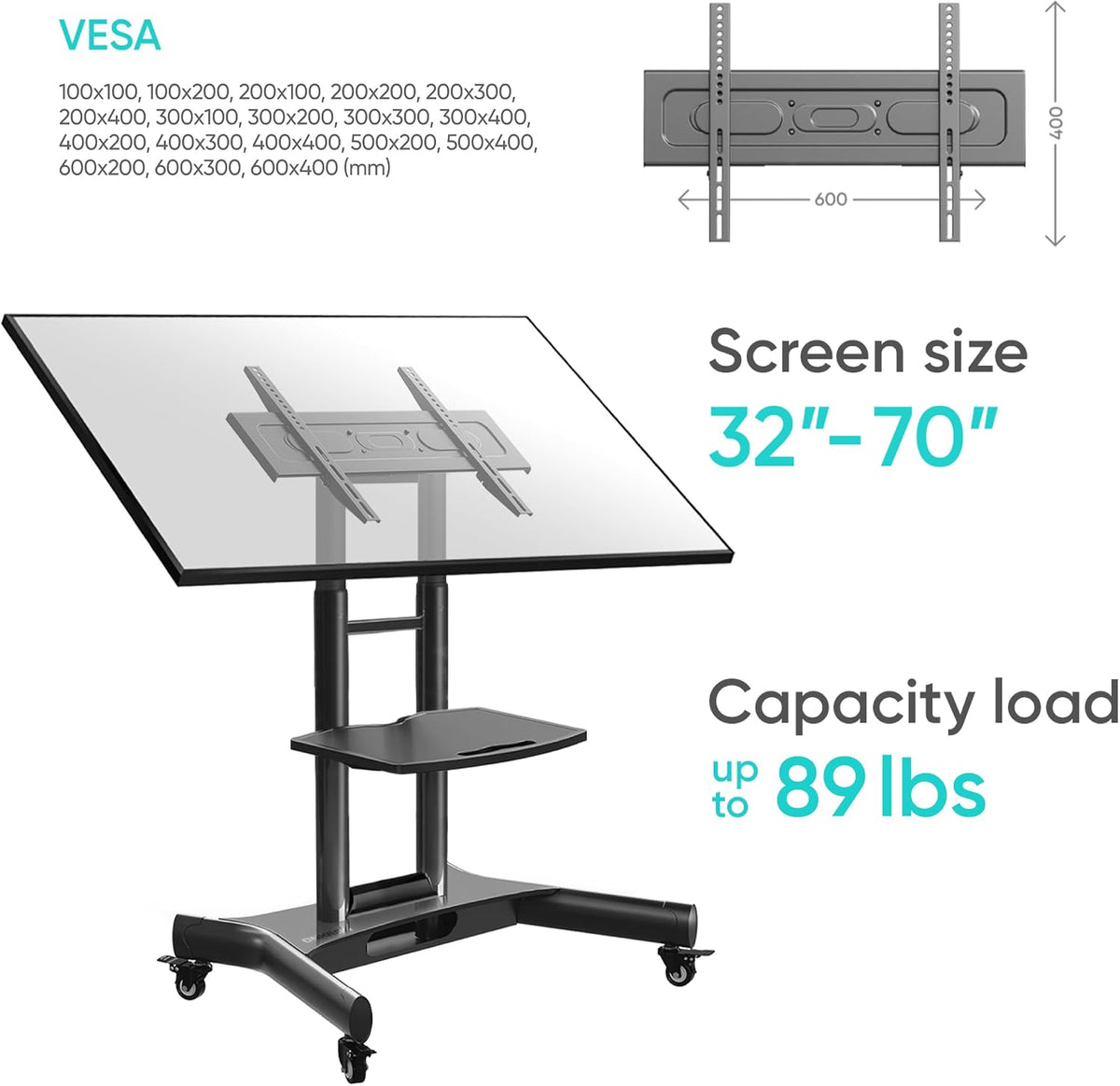 ONKRON Mobile TV Stand 32-70 Inch, up to 89 lbs, max VESA 600x400, Black