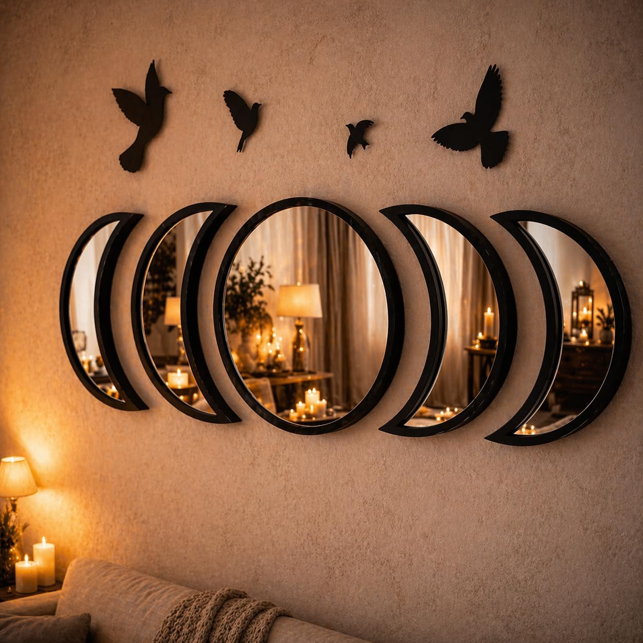 NESHE Moon Phase Mirror Wall Decor Set with Birds | Gothic Witchy Boho Wall Mirror Decor | Scandinavian Aesthetic Home Decor for Bedroom Living Room (Black)