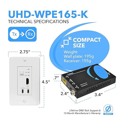 OREI 4K HDMI/USB-C Extender, Over Single Cat6/Cat7 Cable Wall Plate Transmitter - Image 5