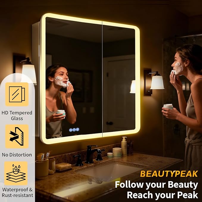 BEAUTYPEAK 36 x 32 LED Bathroom Medicine Cabinet Mirror, Adjustable Shelves - Image 4