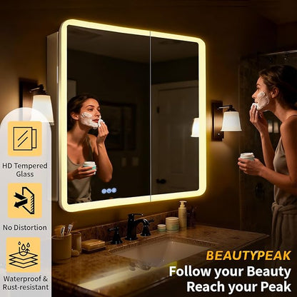 BEAUTYPEAK 36 x 32 LED Bathroom Medicine Cabinet Mirror, Adjustable Shelves - Image 4