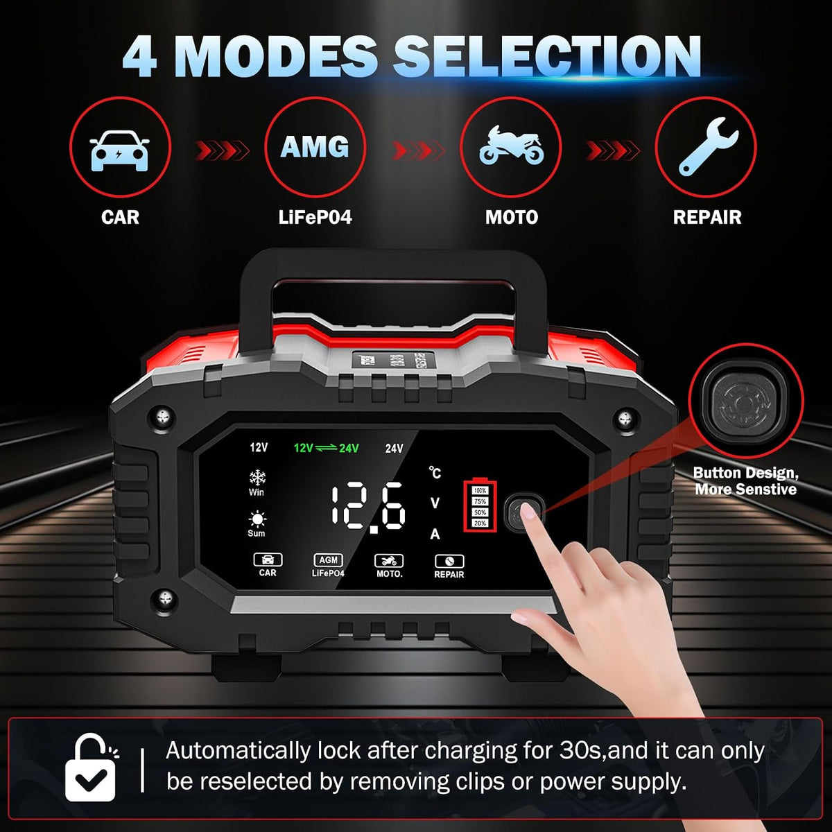 20-amp car battery charger, 12v/20a and 24v/10a lifepo4,lead-acid(agm/gel/sla), side view
