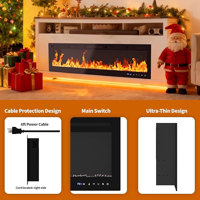 72" Smart Electric Fireplace Wall Mount, 1500w Heater - Image 3