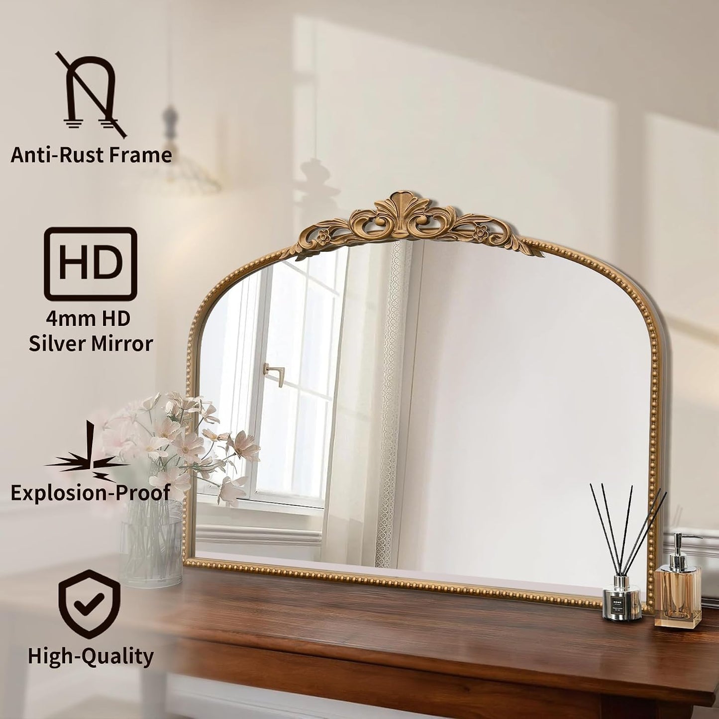 Micasso Vintage Gold Arched Mirror: 32"x24" Baroque Antique Vanity Mirror | Traditional Ornate French Decorative Wall Mirror for Bedroom/Bathroom/Entryway/Hallway/Dresser/Mantel/Nightstand/Over Sink