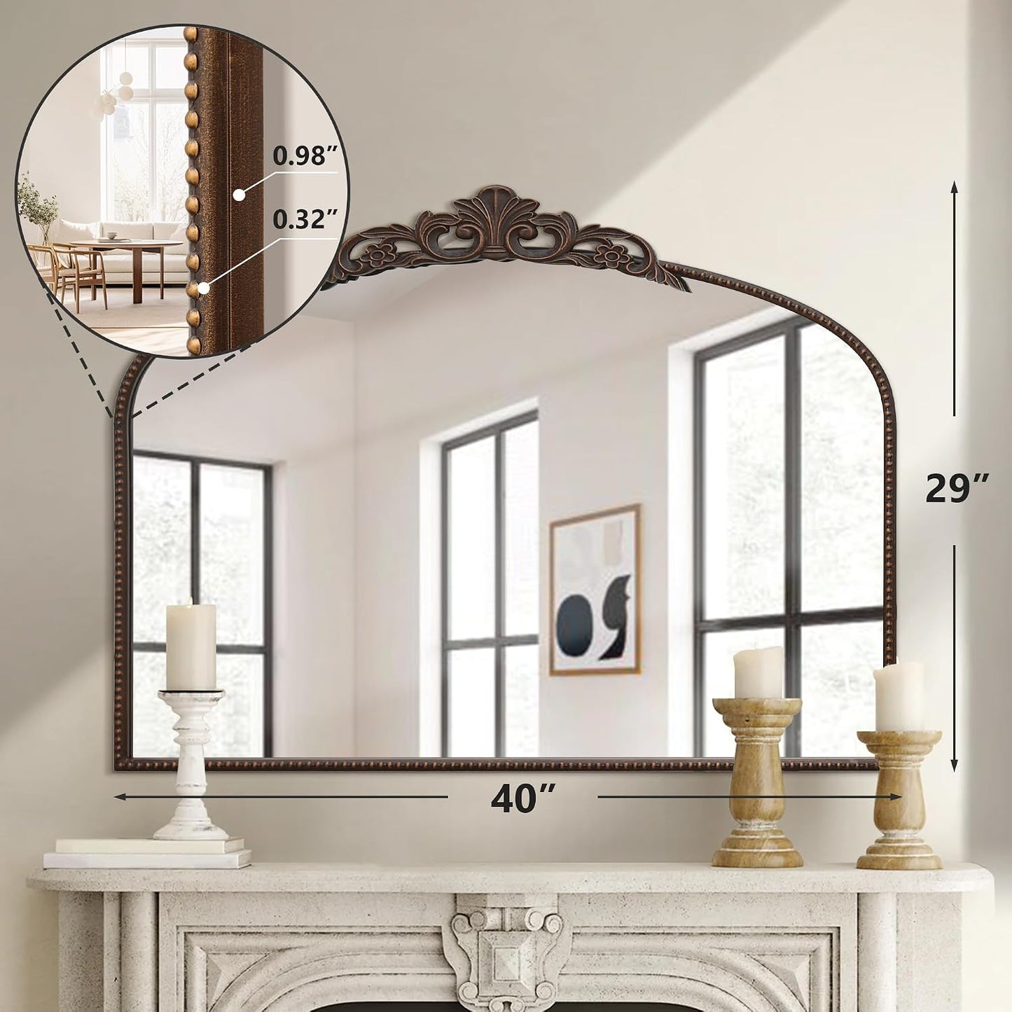 Micasso Vintage Bronze Wall Mirror: 40"x29" Baroque Antique Arched Mirror | Traditional Ornate French Decorative Mirror for Bedroom/Bathroom/Fireplace/Entryway/Hallway/Dresser/Vanity/Mantel/Nightstand