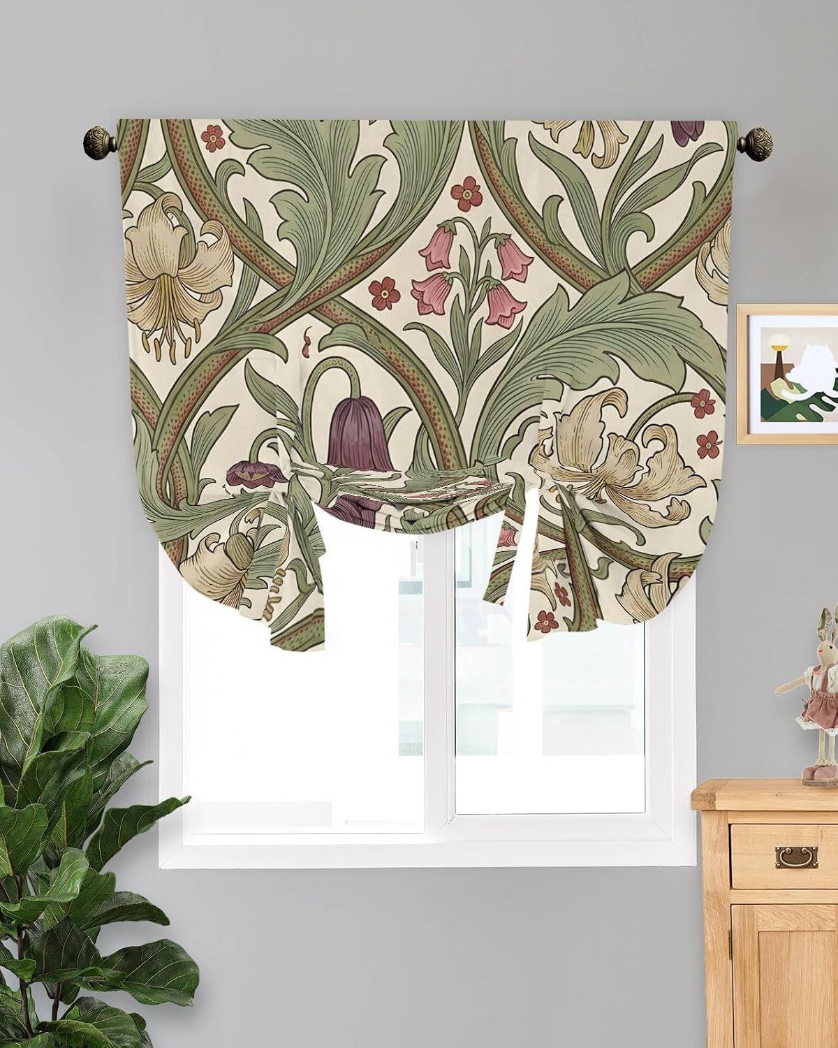 Tie Up Curtains for Windows, Botanical Flowers Adjustable Balloon Nature Linen Textured Kitchen Curtain, Vintage Chic Floral Leaf Plant Green Brown Room Darkening Curtains for Glass Door, 42 x 45 In