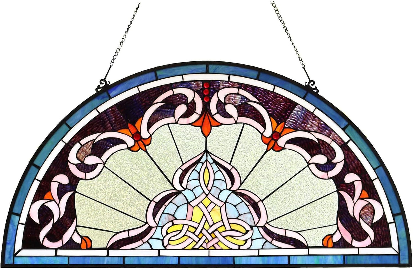 Bieye Lady Astor Demi-Lune Half-Round Window Panel Tiffany Style Stained Glass Hangings for Home Décor 36" W x 18" H W10035