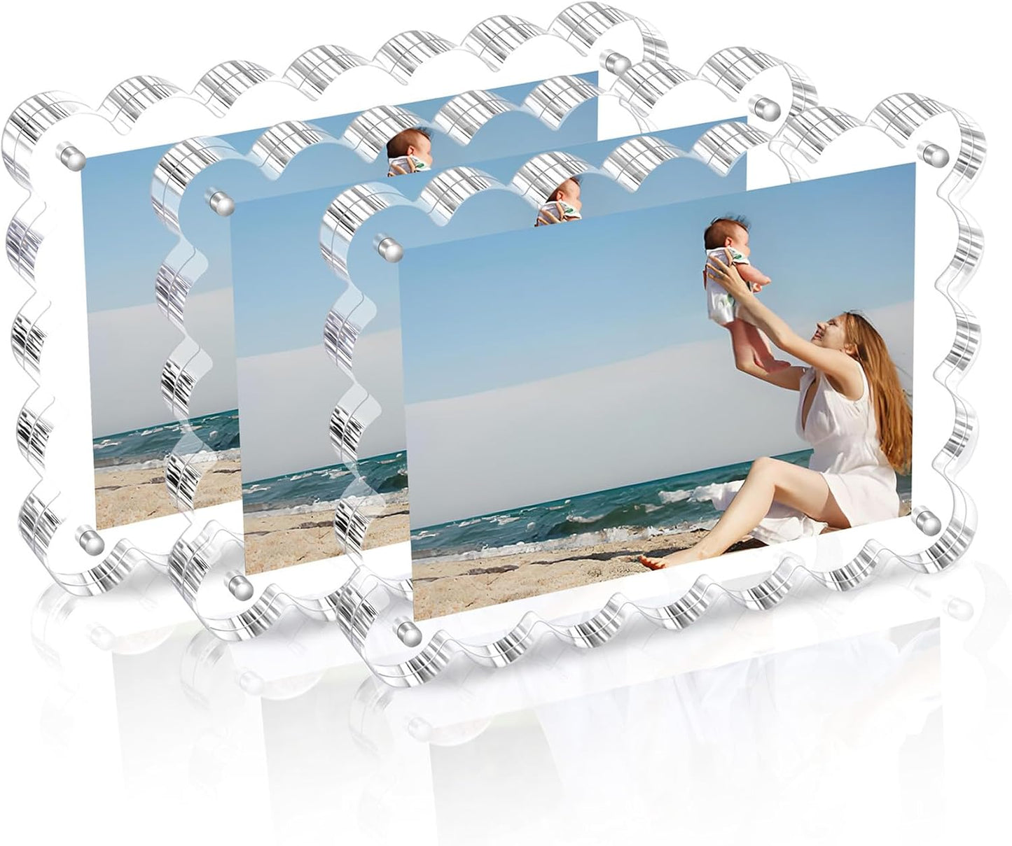 Chivalral 3 Pack 4x6 Acrylic Picture Frame, Double-Sided Tabletop Display | Scalloped Edge Design,10+10mmThick,Magnetic Photo Frames,Horizontal/Vertical,Gift for Birthday Wedding Anniversary,Home decor