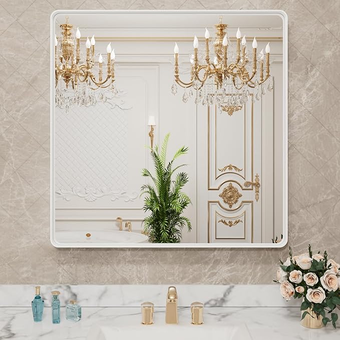 LOAAO 36x36 Inch White Metal Framed Bathroom Mirror by LOAAO