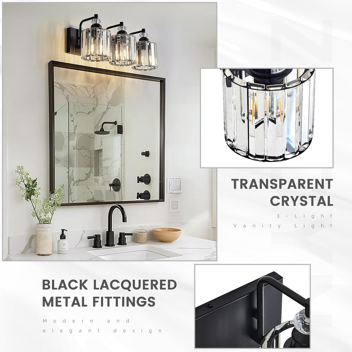 3-Light Black Bathroom Light Fixtures Over Mirror Modern Vanity Lights Crysta...