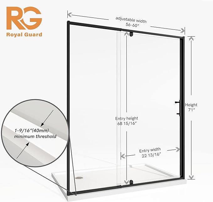 56-60" W x 71" H Pivot Swing Glass Shower Door, Pivot Frame Shower Door - Image 6