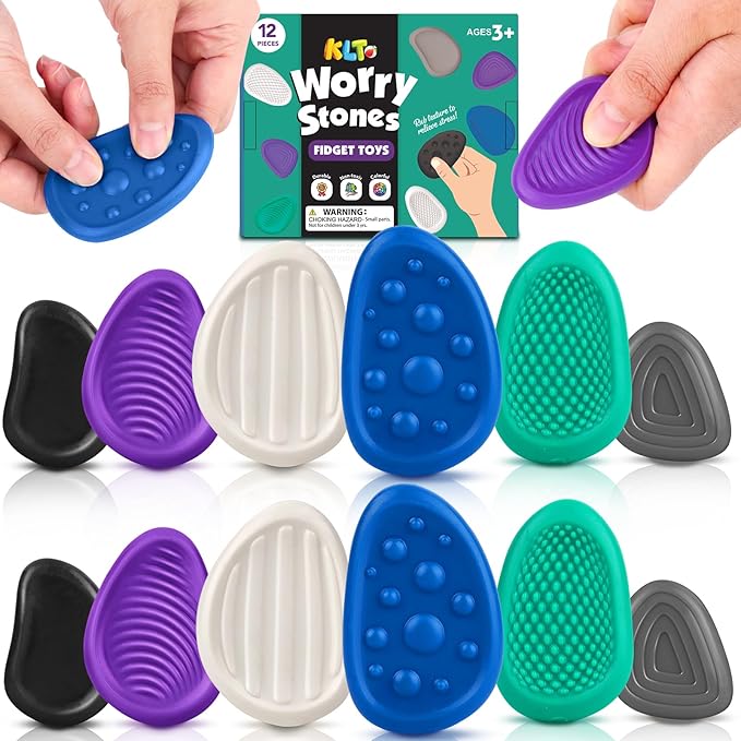 Fidget Toys Adults Sensory Stones: 12 Pack Textured Worry Stone by KLT