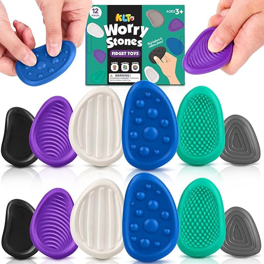 Fidget Toys Adults Sensory Stones: 12 Pack Textured Worry Stone by KLT
