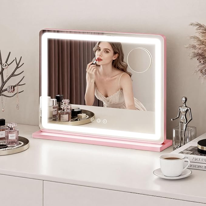 ROLOVE Pink Makeup Mirror with Lights, 23x18 Inch - Image 7