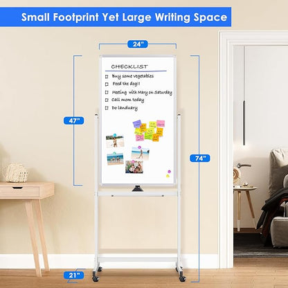 Magnetic Mobile White Board, 48 x 24 Double Sided Dry Erase Board Rolling - Image 2