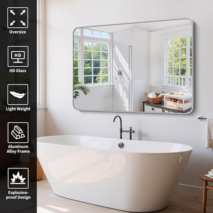 60x40 Inch Silver Bathroom Mirror, Large Rectangle Mirror, Metal Framed - Image 2