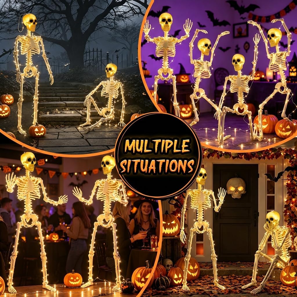 HBSTK 2 Pack 36 Inches 300 LED Light Up Halloween Skeleton Full Body Posable ...