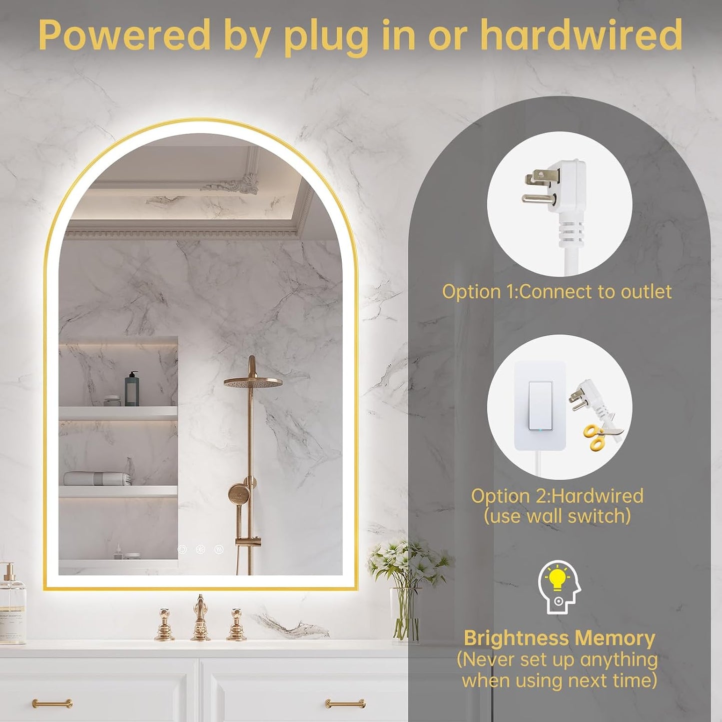 24"x36" Arched LED Lighted Bathroom Mirror with Lights | Gold Aluminum Frame, Fogless, Dimmable, Shatterproof, Touch Sensor, 3 Color Changing