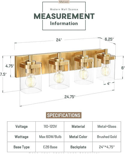 METWET Bathroom Light Fixtures, 4-Light Modern Wall Sconces - Image 2