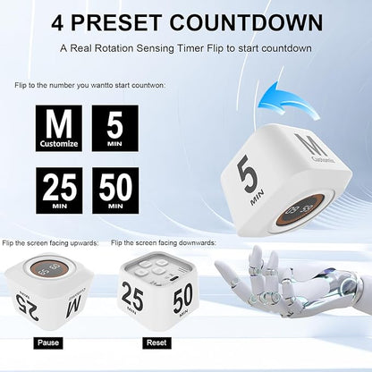 Rotating Cube Pomodoro Timer 5, 50 Min Preset + Custom Countdown, Desk - Image 2