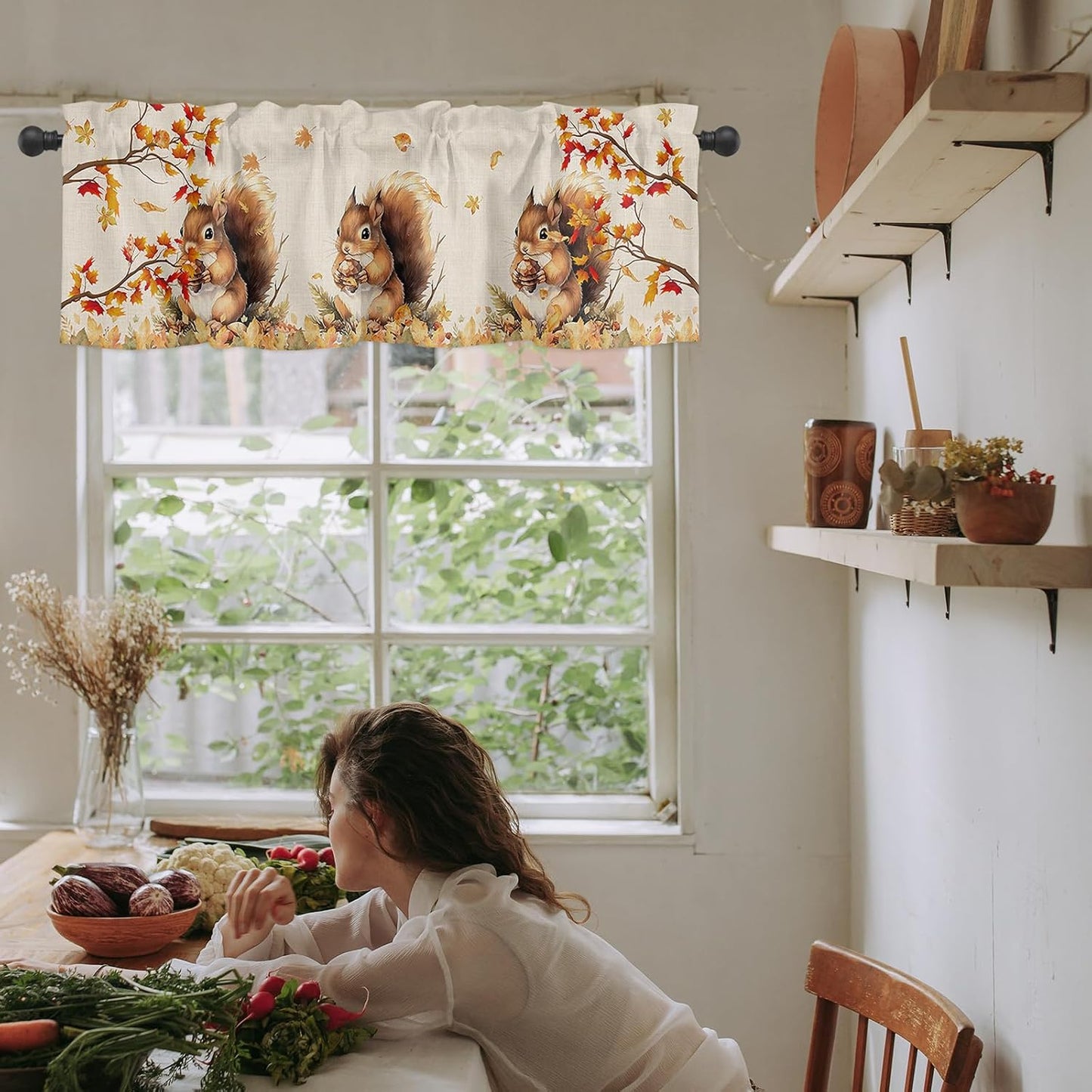 Squirrel Fall Window Valance Curtains, Farmhouse Maple Tree Leaf Window Treatment for Kitchen, Bathroom, Bedroom, Thanksgiving Day Autumn Botanical Rod Pocket Short Curtain 1 Panel, 54x18 in