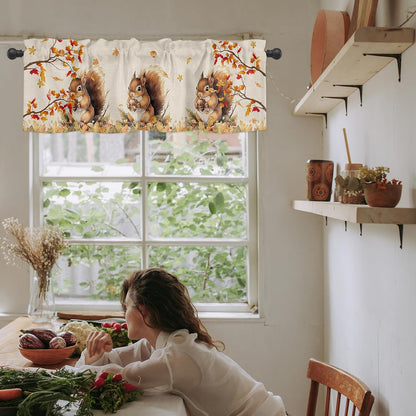 Squirrel Fall Window Valance Curtains, Farmhouse Maple Tree Leaf Window Treatment for Kitchen, Bathroom, Bedroom, Thanksgiving Day Autumn Botanical Rod Pocket Short Curtain 1 Panel, 54x18 in