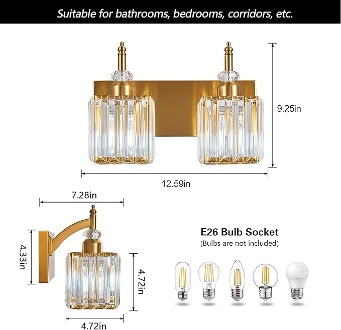 BBLLWJ Modern Bathroom Vanity Light 2-Light Gold Crystal Light Fixtures Over - Image 4