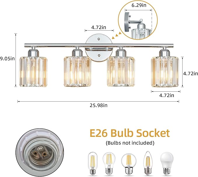 FDPBY Modern 4 Light Crystal Vanity Light, Chrome Vertical Bathroom Light - Image 3