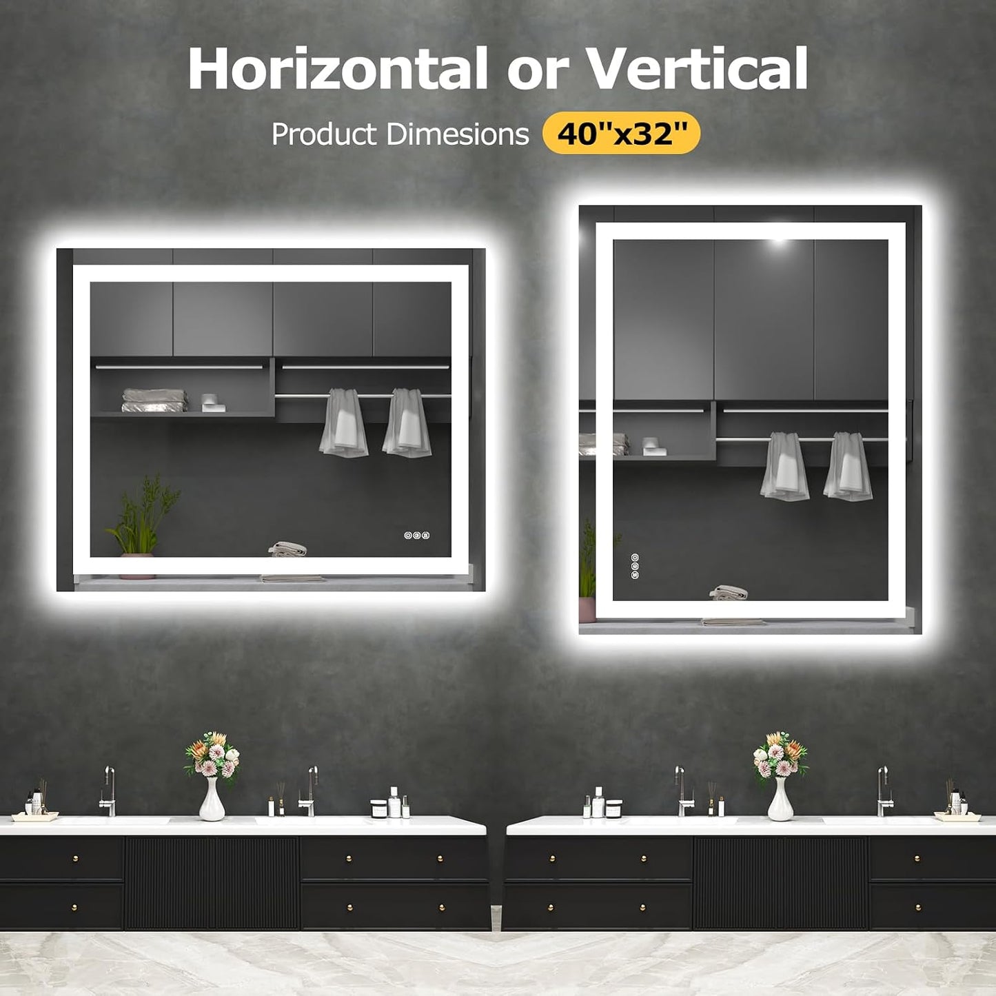 Hivone 40"X32" LED Bathroom Mirror with Lights, Anti-Fog, Dimmable, Backlit + Front Lit, Smart Bathroom Vanity Mirror, Memory Function, Shatterproof, Tempered Glass (Horizontal/Vertical)