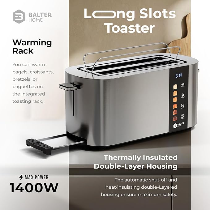 Toaster 4 Slice Wide Slot, Bagel Function, Long Slot, Stainless Steel, Touch - Image 8