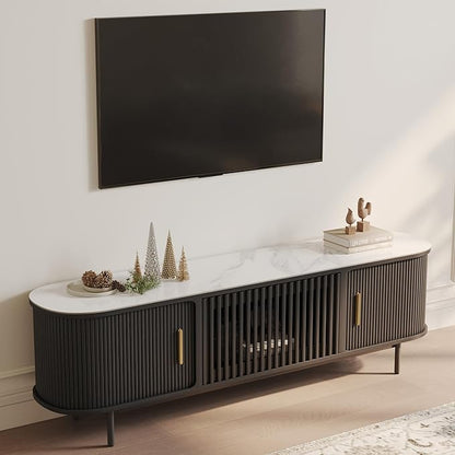 POVISON Sliding Tambour Door TV Stand, Mid Century Modern Sintered Stone TV by POVISON
