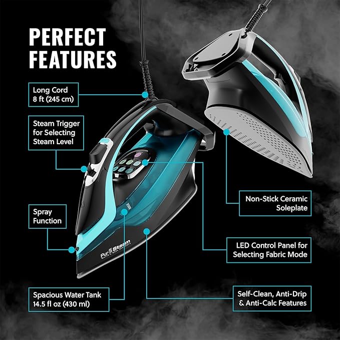 PurSteam SteamTech Elite 1750W Steam Iron, Digital Temp Control & LED Display - Image 7