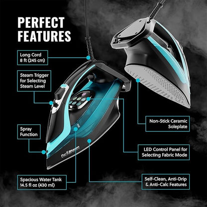 PurSteam SteamTech Elite 1750W Steam Iron, Digital Temp Control & LED Display - Image 7