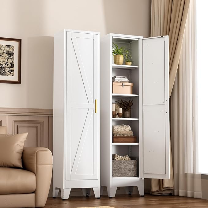 Narrow Metal Cabinet with 4 Adjustable Shelves and Barn Doors, Tall Bathroom - Image 5