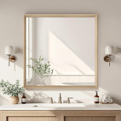 Oak Wood Effect Framed Wall Mirror, 36x36 Rectangle Mirror, Anti-desilvering by Ultrue
