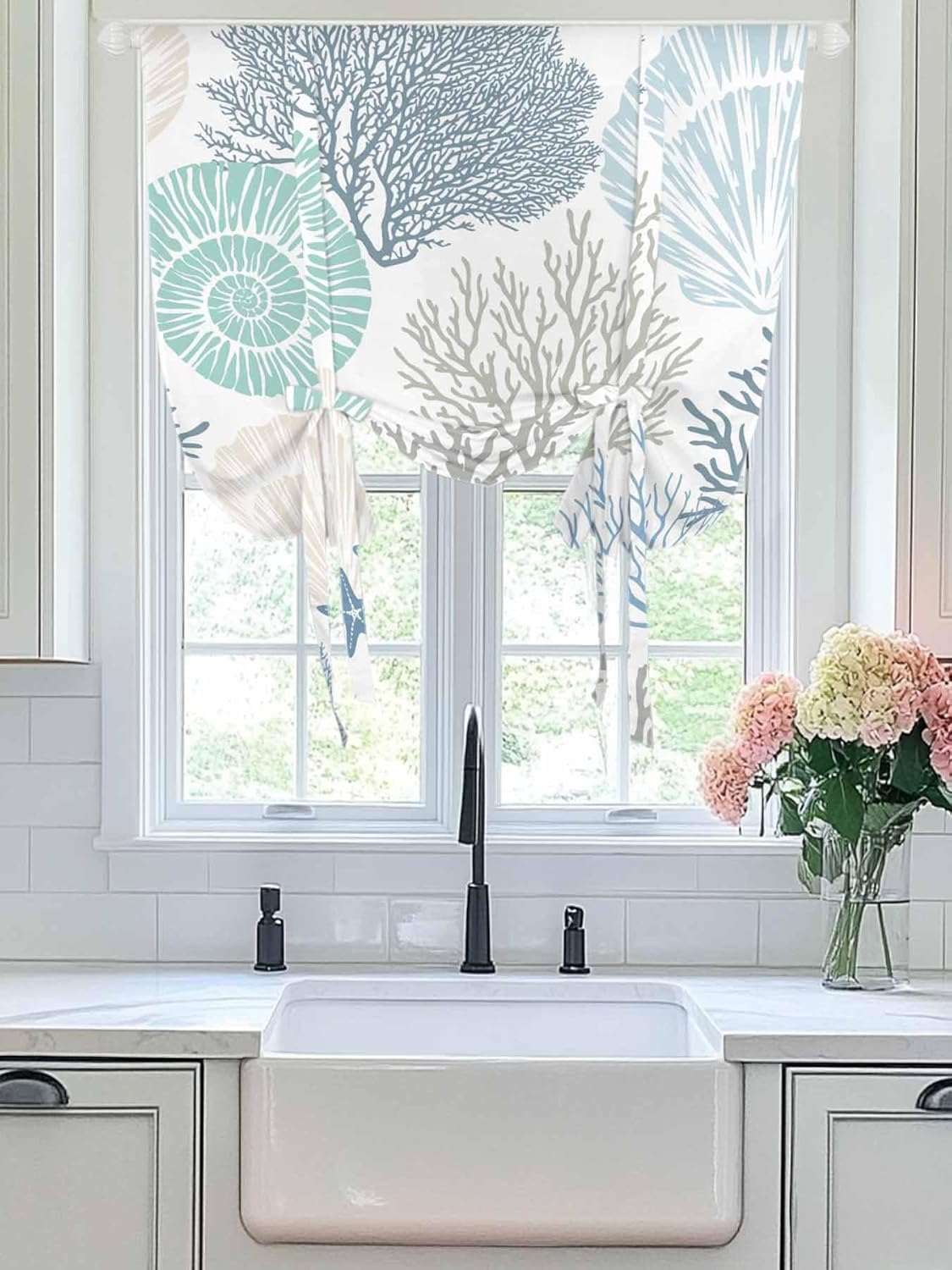 Ocean Coral Starfish Tie Up Window Shade Curtain,Nautical Coastal Shell Tie Up Curtain for Kitchen Windows,Marine Sealife Adjustable Valance Balloon Curtains,Blue Teal White Rod Pocket Panel 52x45in