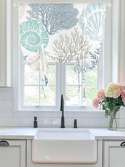 Ocean Coral Starfish Tie Up Window Shade Curtain,Nautical Coastal Shell Tie Up Curtain for Kitchen Windows,Marine Sealife Adjustable Valance Balloon Curtains,Blue Teal White Rod Pocket Panel 52x45in