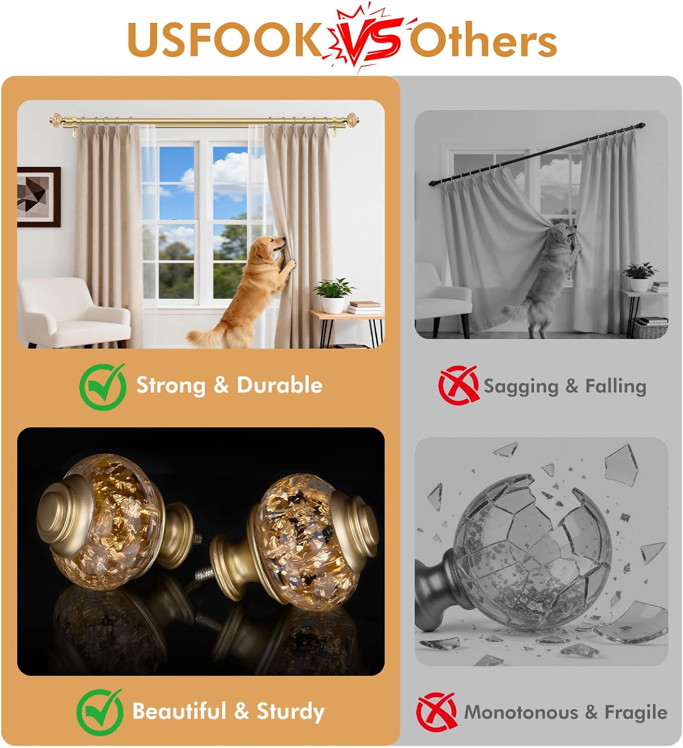 Double Curtain Rods for Windows 72 to 144, Luxury Gold, 1 Inch | Double Layer Window Treatment Rods, Decorative Crystal Ball Finials, Heavy Duty Adjustable Pole, Supports 33lbs, Easy Install
