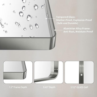 LOAAO 20X30 Inch Brushed Nickel Bathroom Mirror, Rounded Rectangle Silver Metal - Image 5